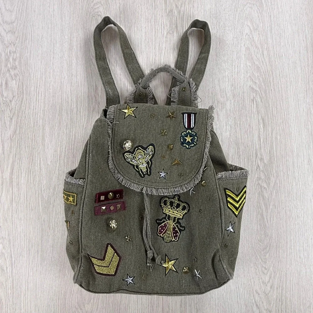 Canvas Patchwork Backpack Steve Madden Military Green Studded Utility Bag